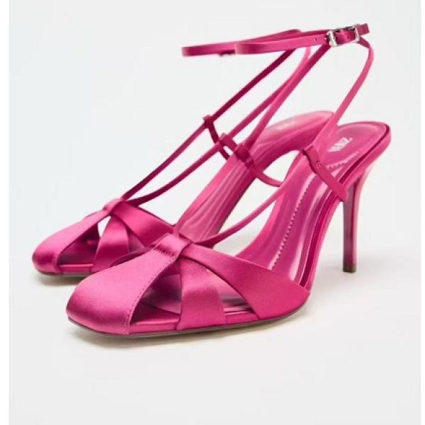 Fuchsia Satin Strappy Heeled Sandals